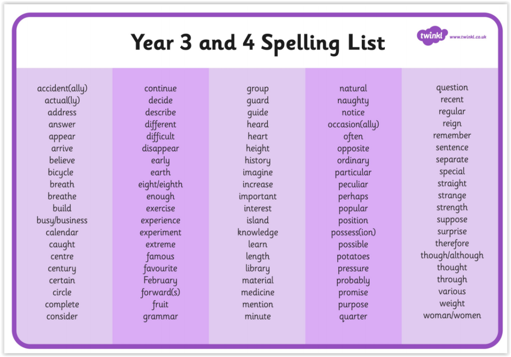 year 3 and 4 spelling homework